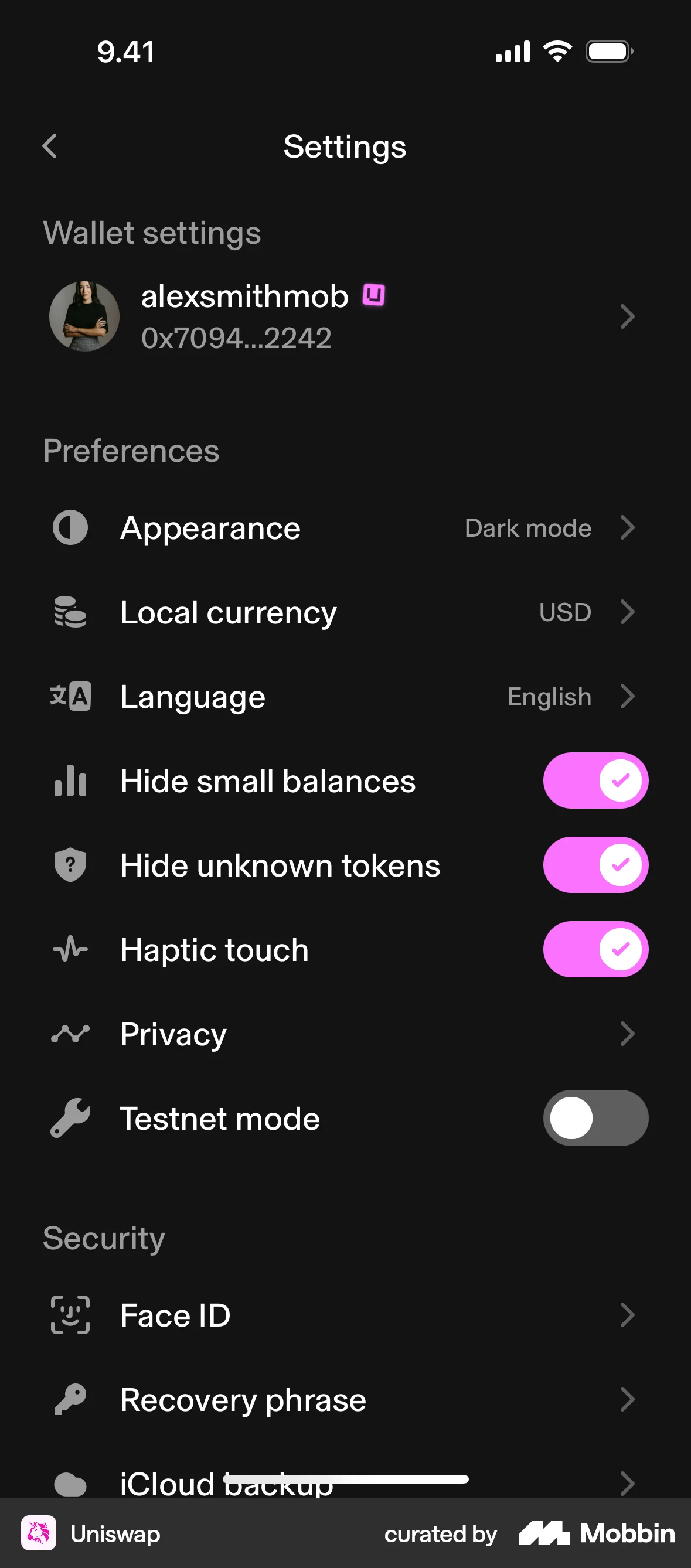 Uniswap iOS Dark Mode screen
