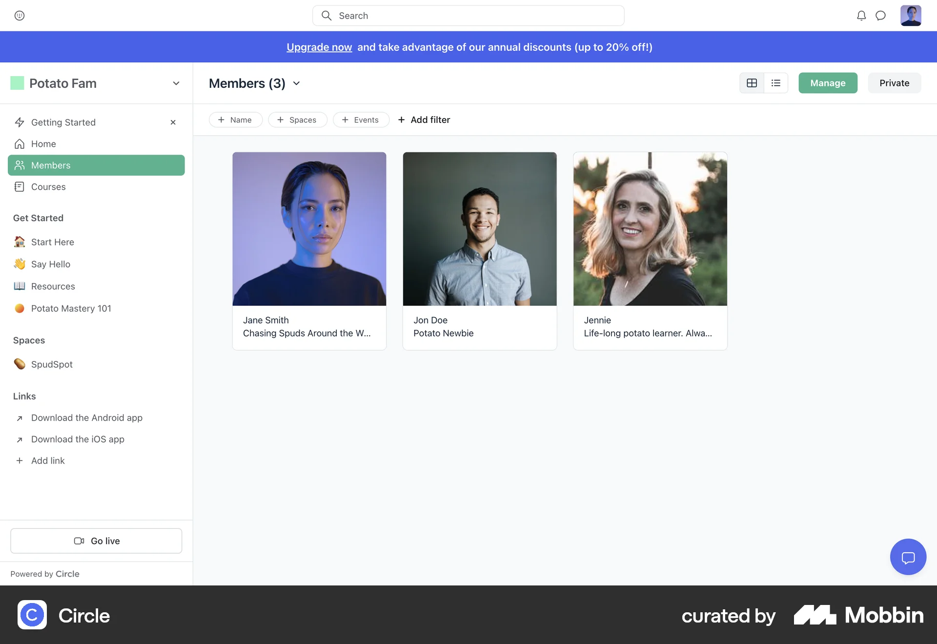Circle Web Social Networking App screen