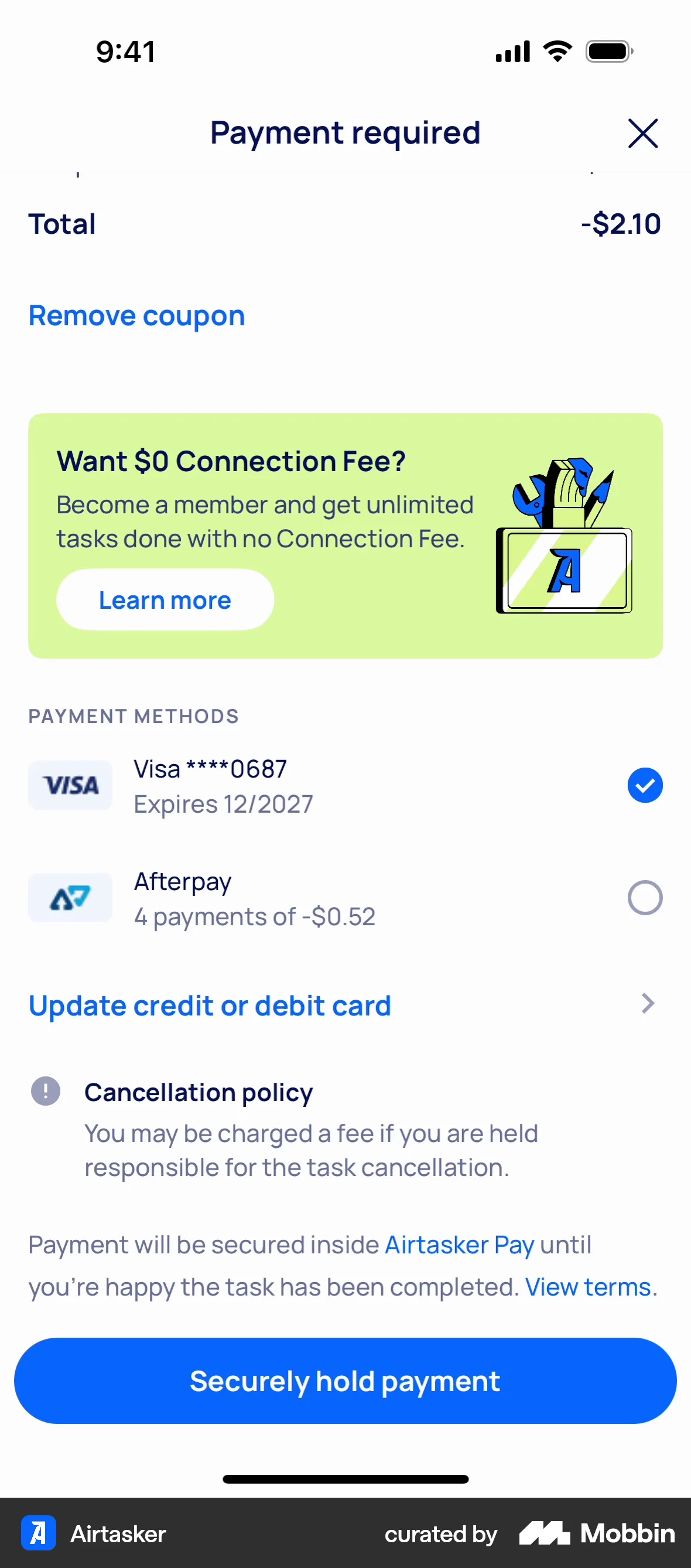 Airtasker iOS Checkout screen