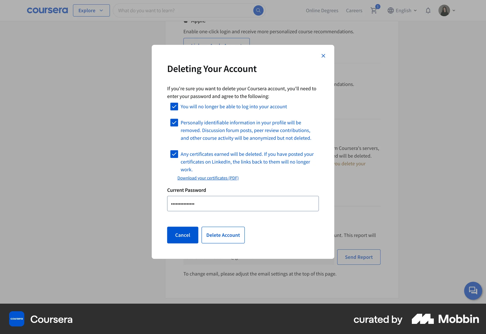 Coursera Web Delete & Deactivate Account screen