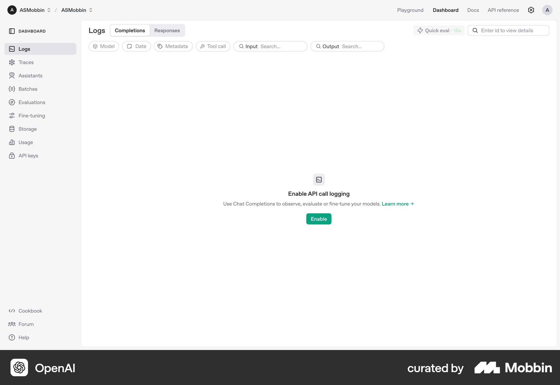 OpenAI Platform Web Log Dashboard screen