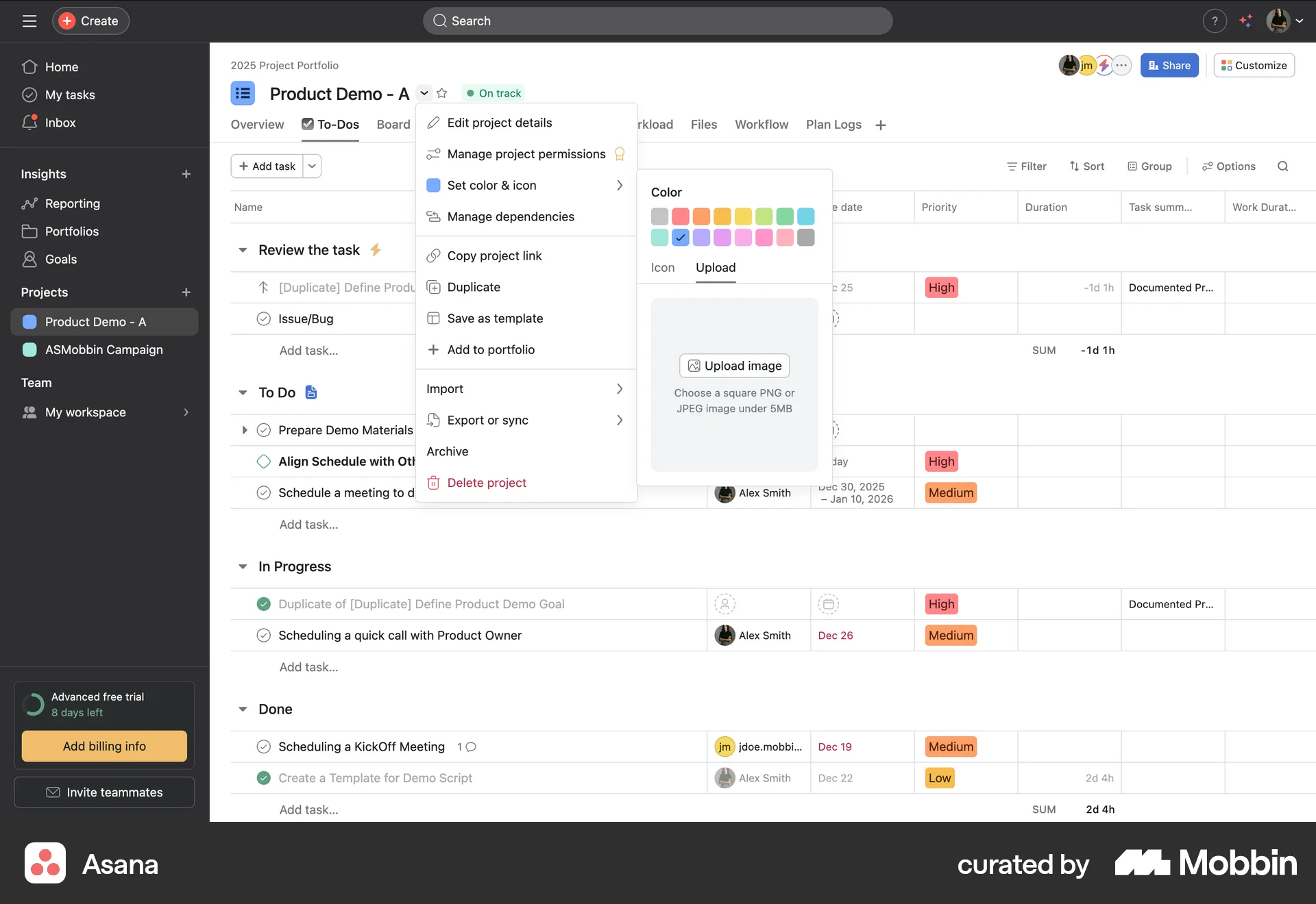 Asana Web screen containing File Upload UI element