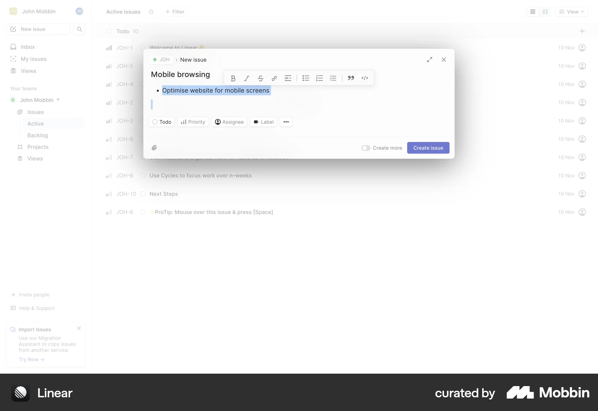 Linear Web Edit screen