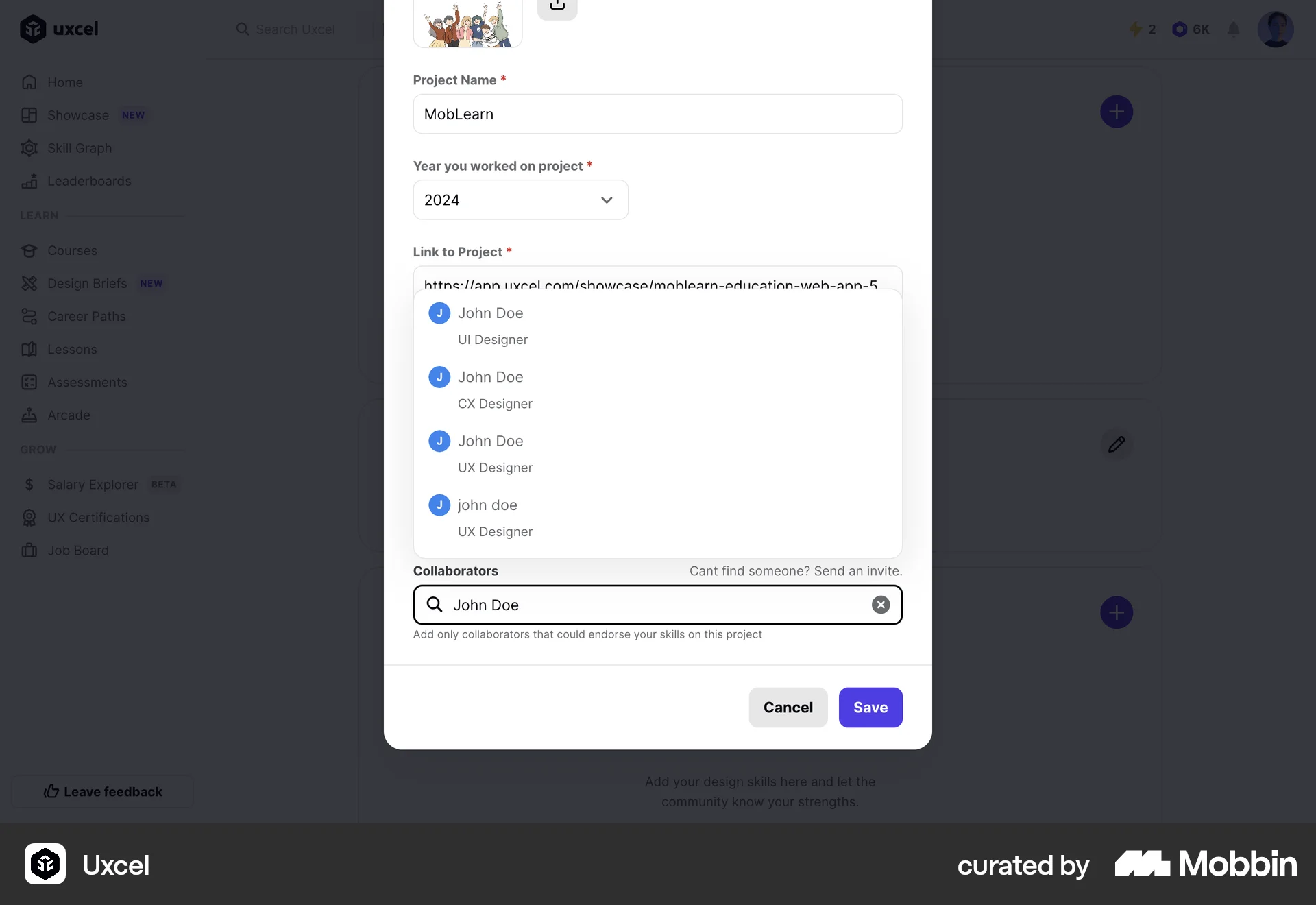 Uxcel Web screen containing Combobox UI element
