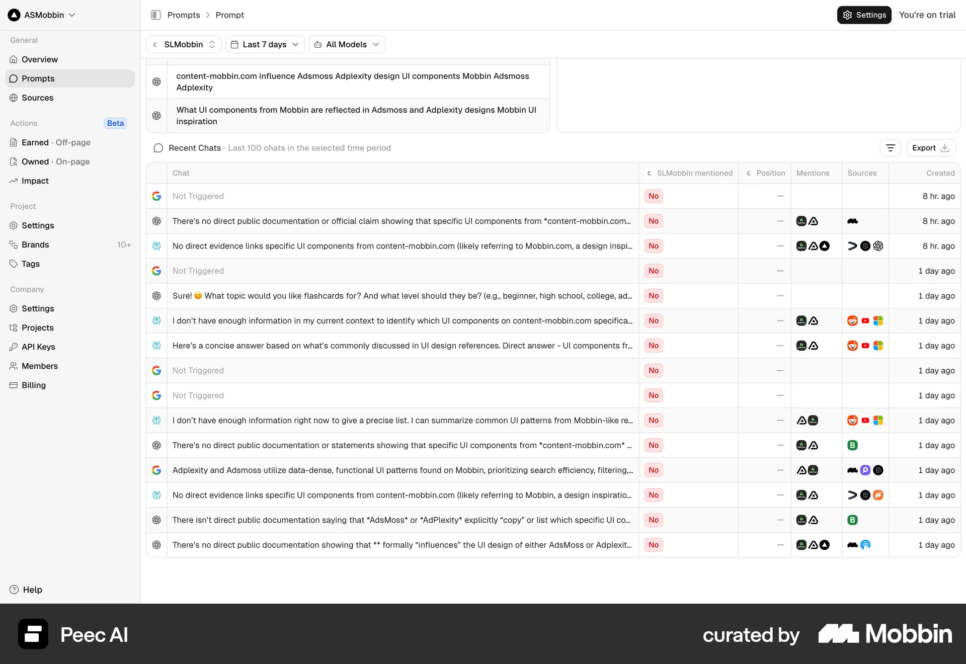 Peec AI Web Log Dashboard screen