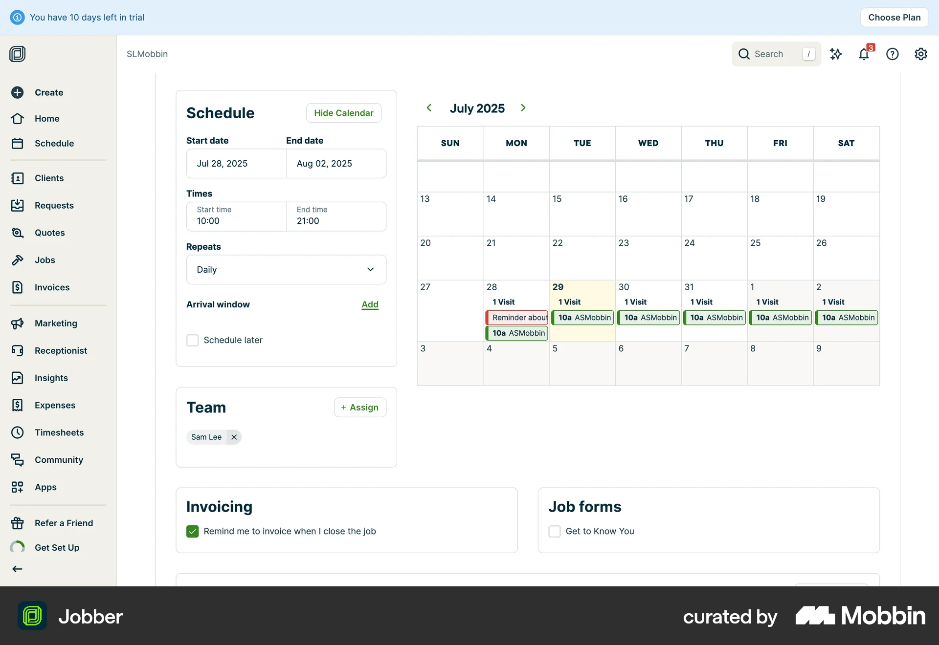 Jobber Web Set screen