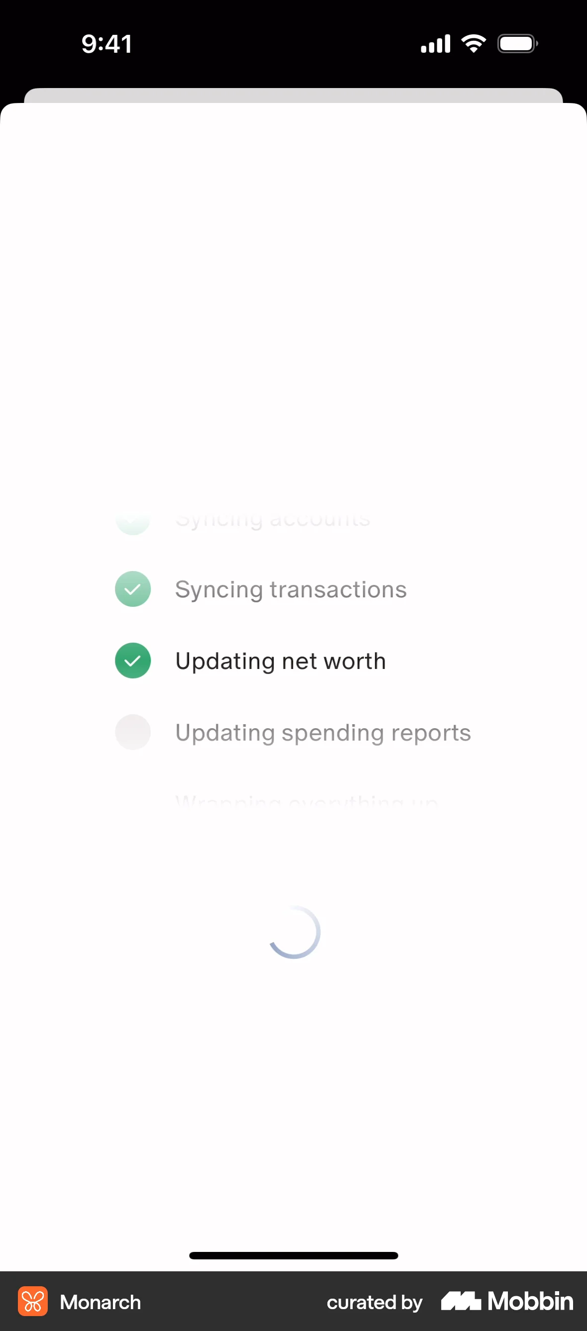 Monarch iOS screen containing Loading Indicator UI element