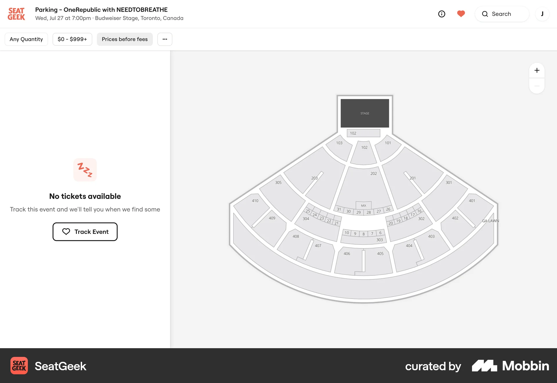 SeatGeek Web Map screen