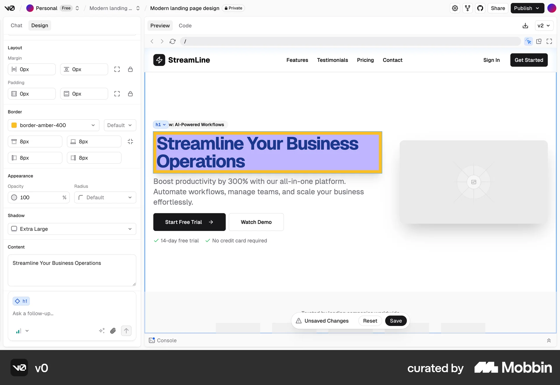 v0 Web screen containing Toolbar UI element
