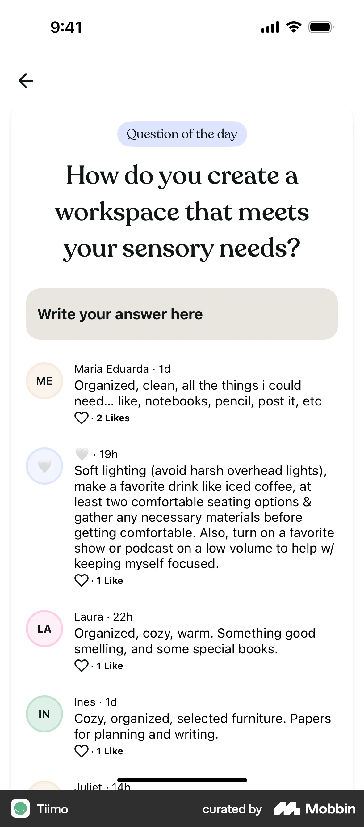 Tiimo iOS Comments screen