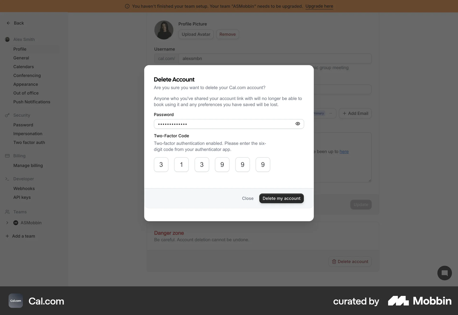 Cal.com Web Delete & Deactivate Account screen