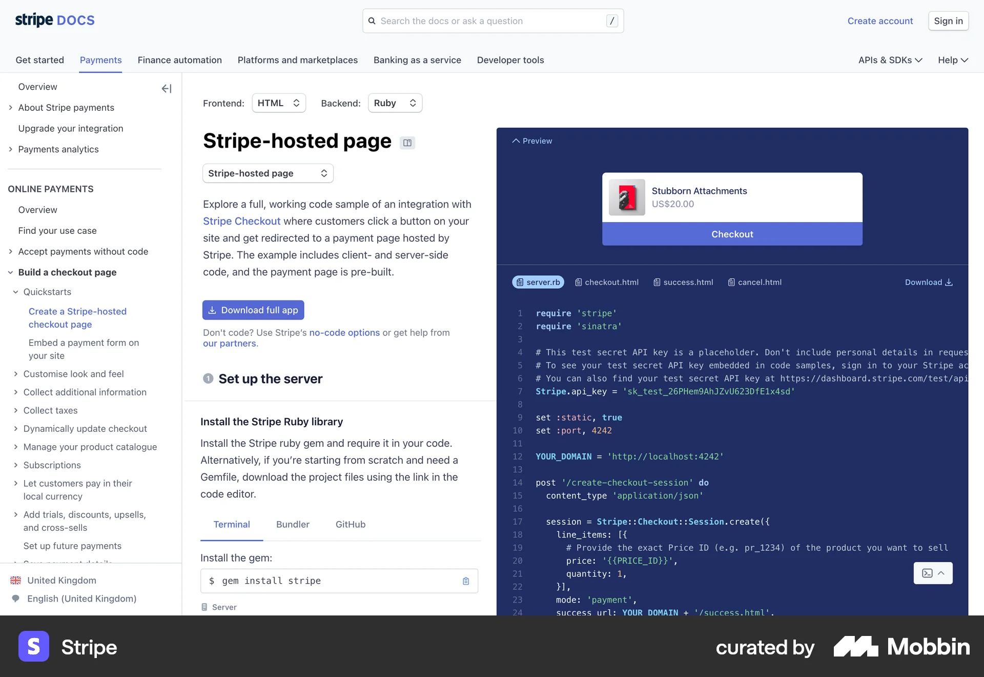 Stripe Web screen containing Tree UI element