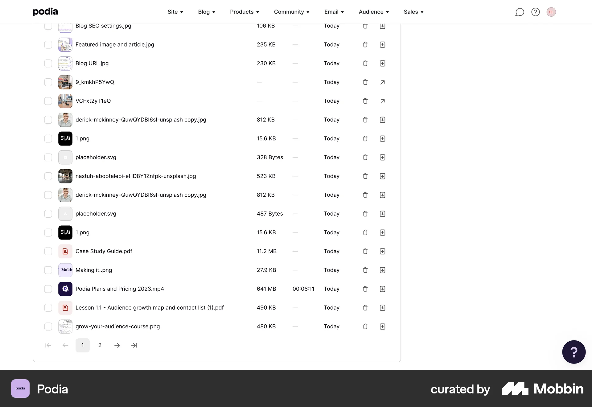 Podia Web screen containing Pagination UI element