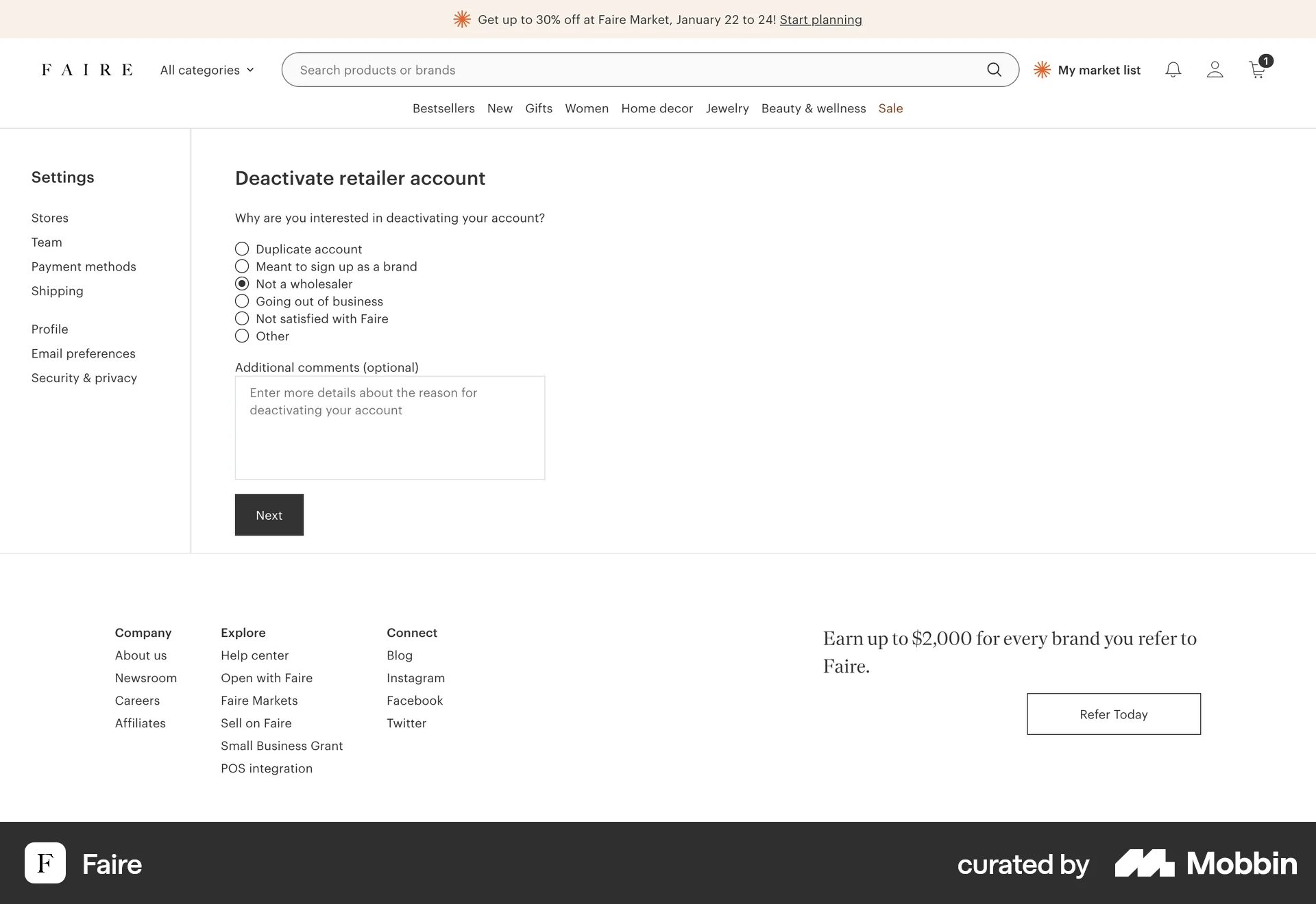 Faire Web Delete & Deactivate Account screen