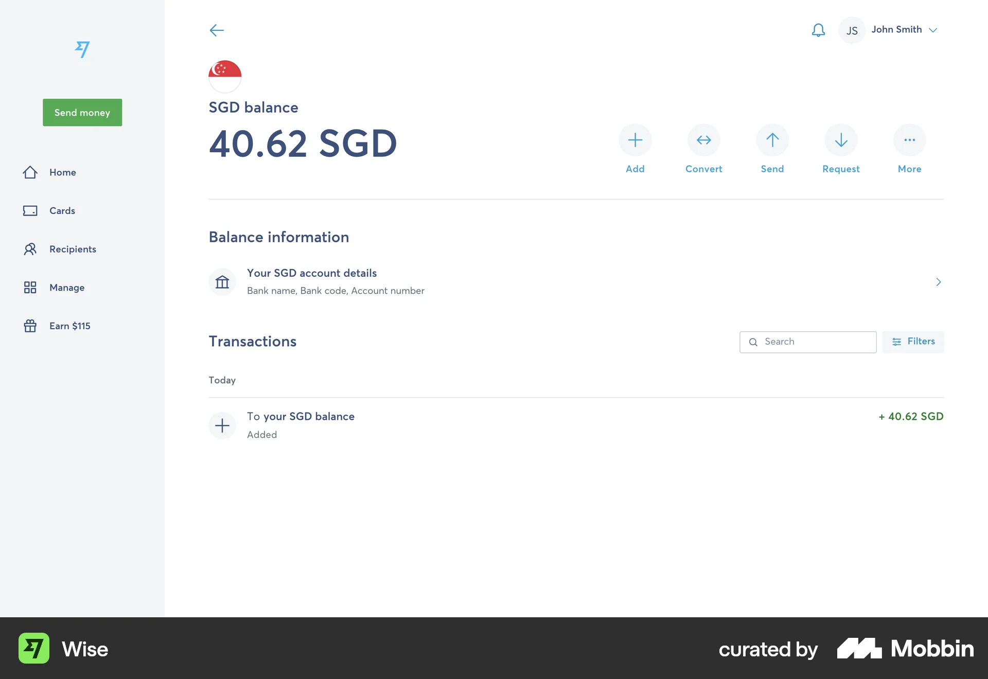 Wise Web Wallet & Balance screen