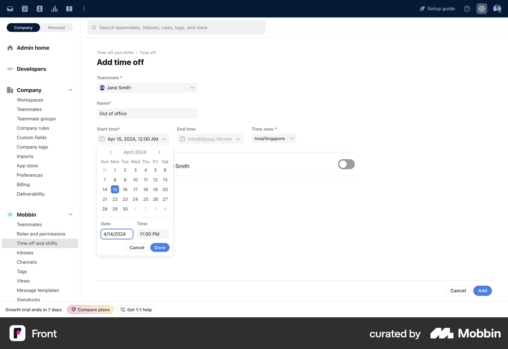 Front Web screen containing Date Picker UI element