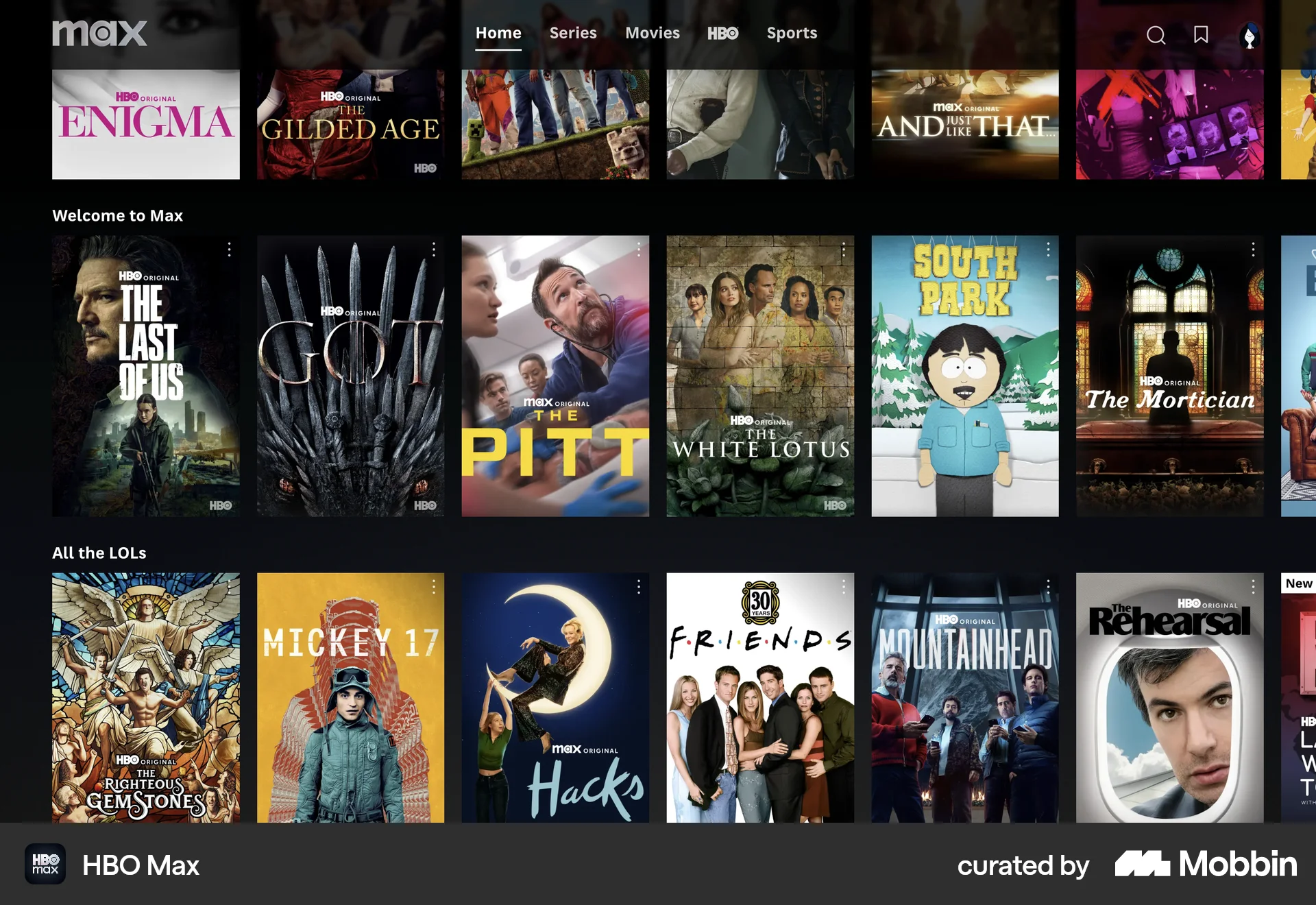 HBO Max Web Entertainment App screen