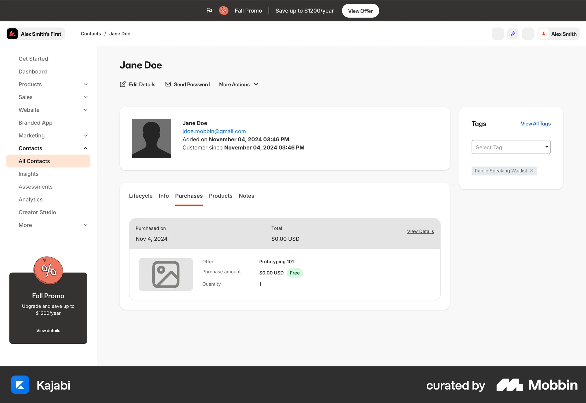 Kajabi Web Order History screen