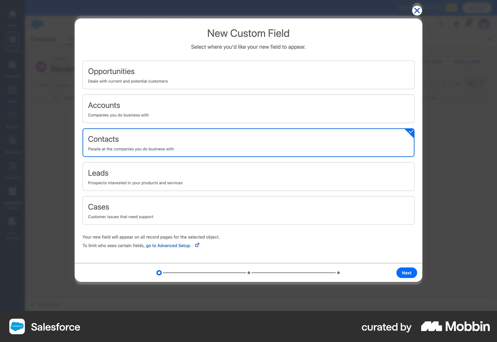 Salesforce Web Wizard UI screen