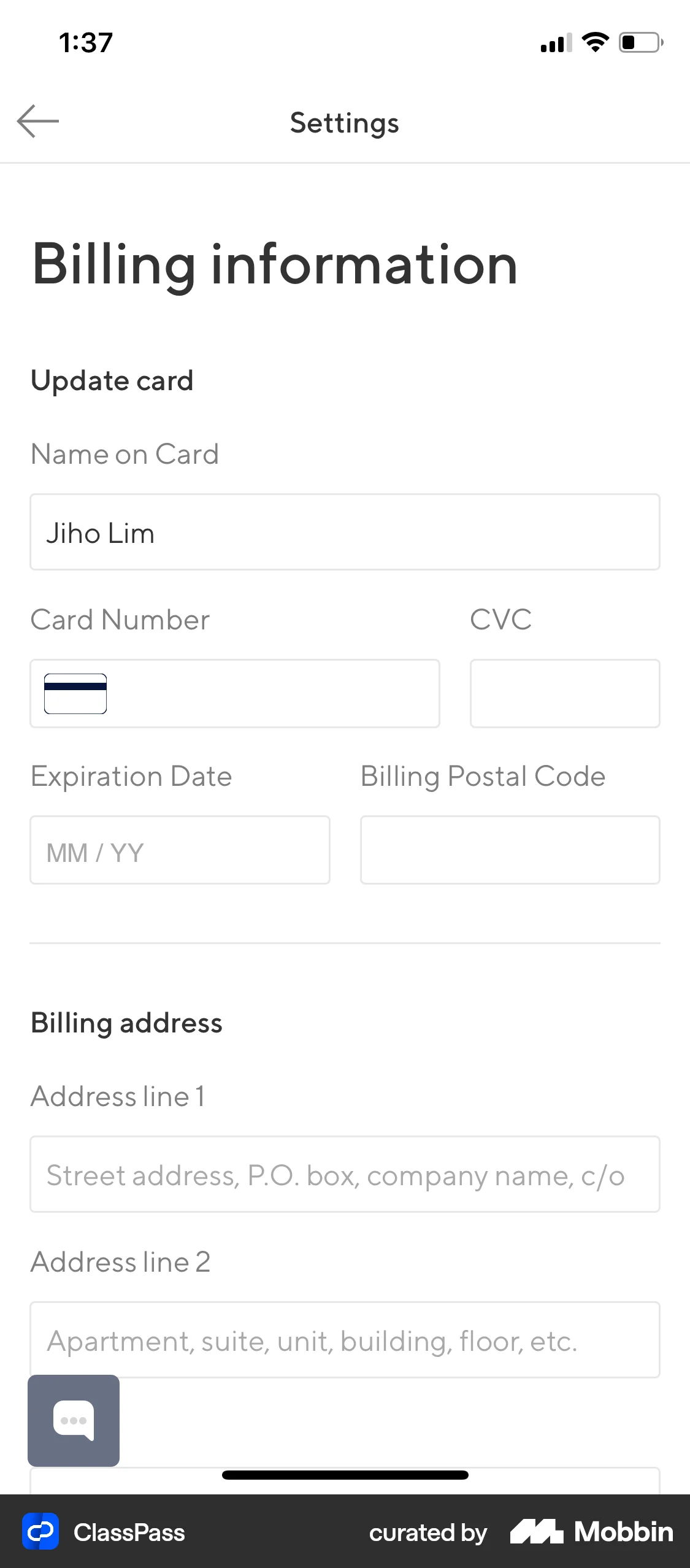 ClassPass iOS Payment Method screen
