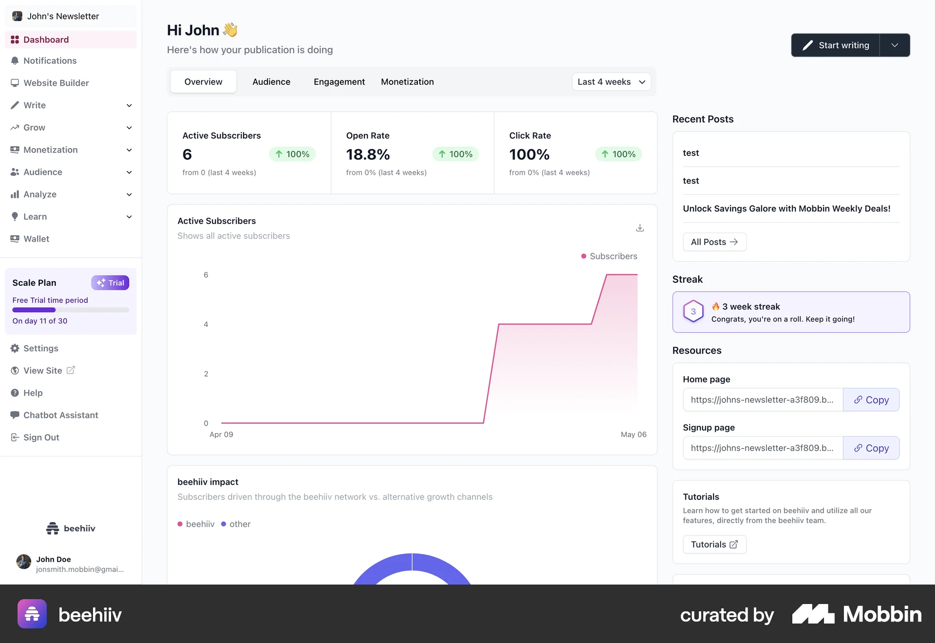 beehiiv Web Home screen