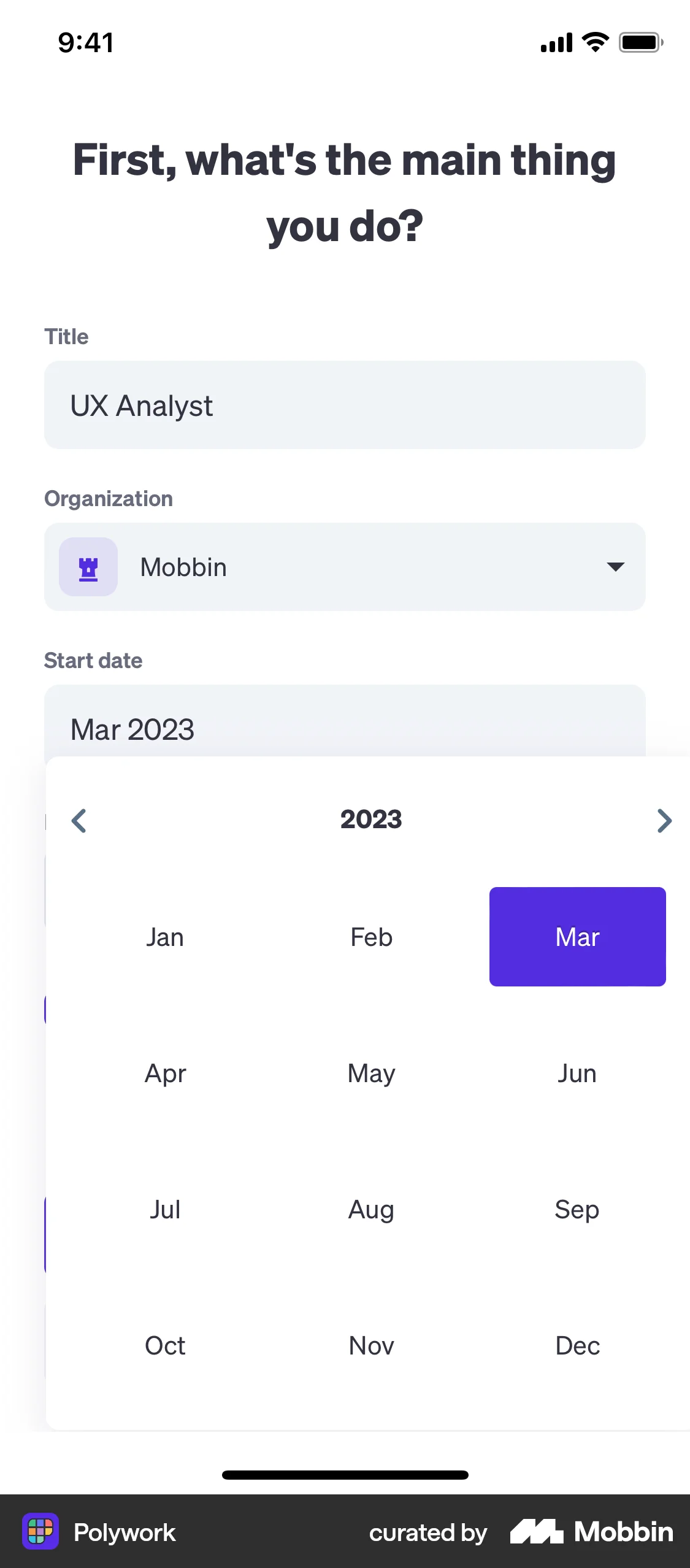 Polywork iOS screen containing Date Picker UI element