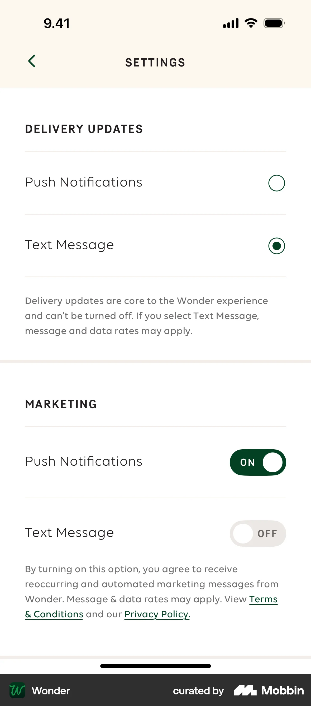 Wonder iOS screen containing Radio Button UI element