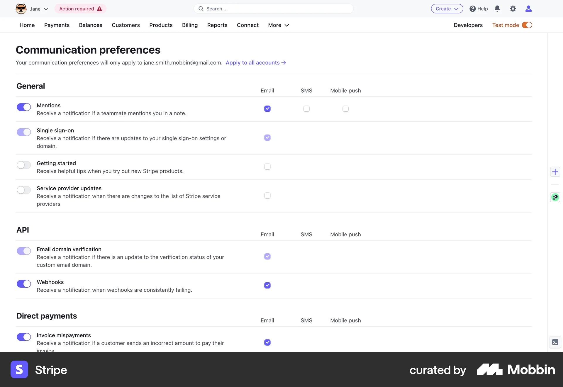 Stripe Web My Account & Profile screen