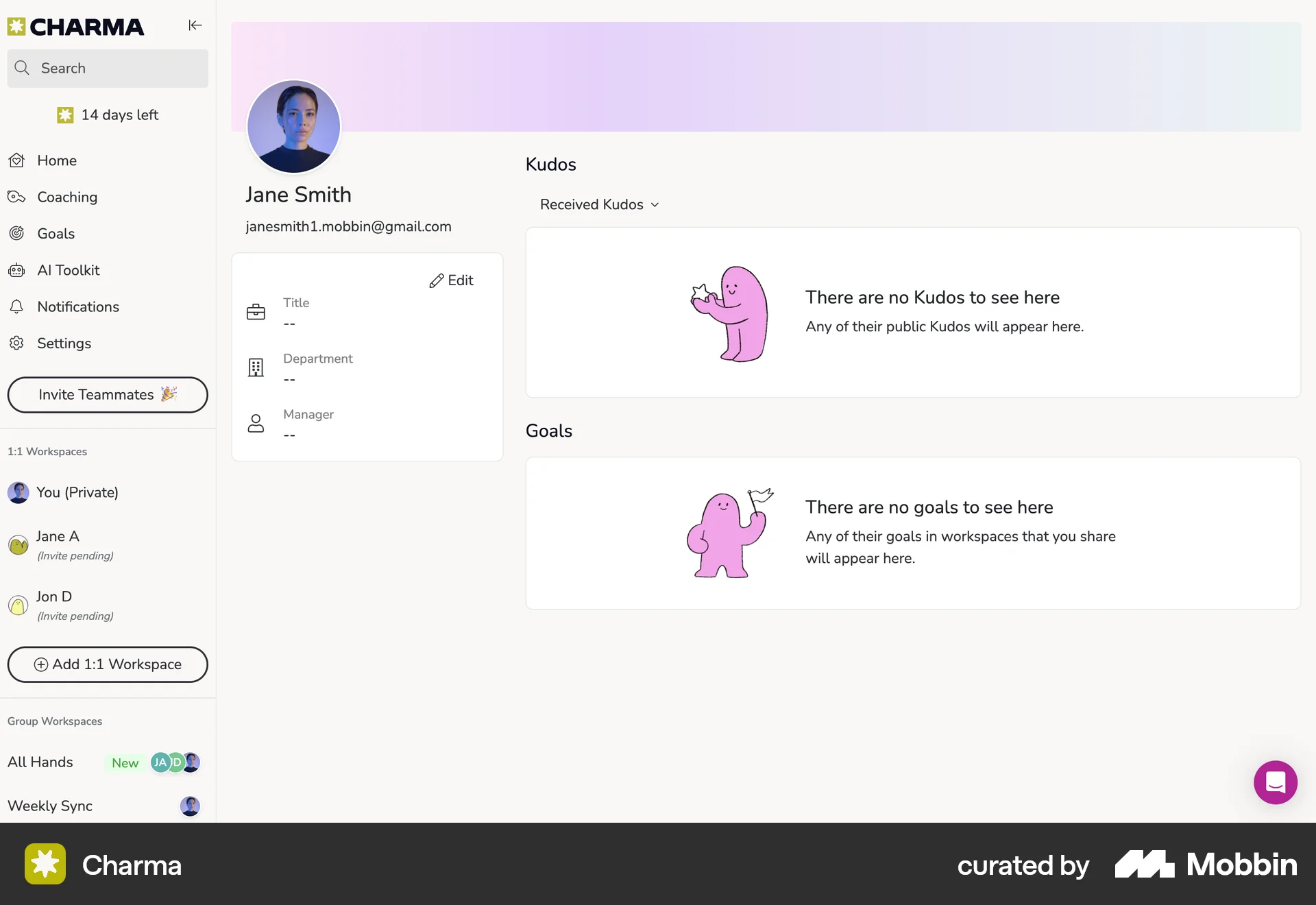 Charma Web My Account & Profile screen