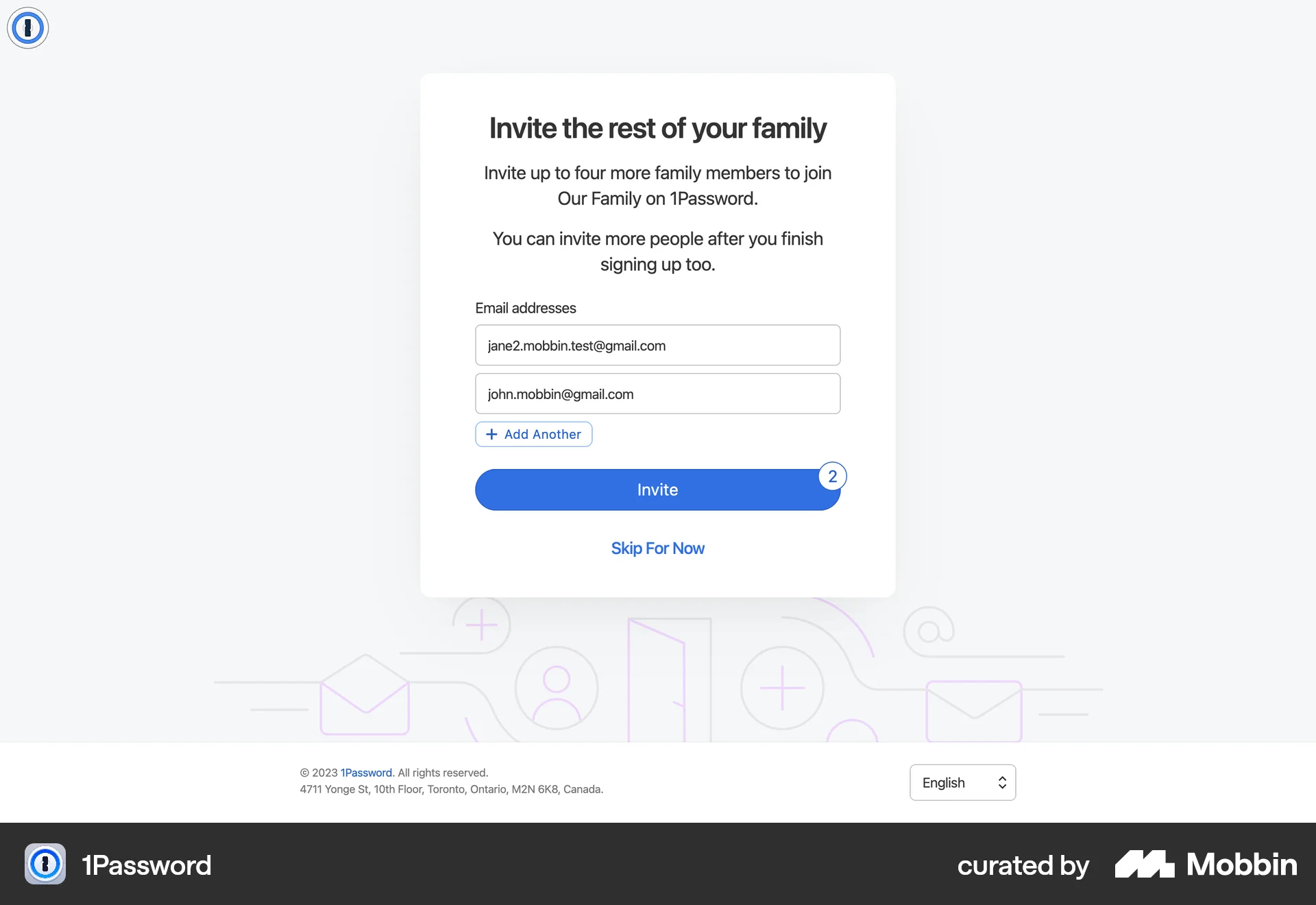1Password Web Invite Teammates screen