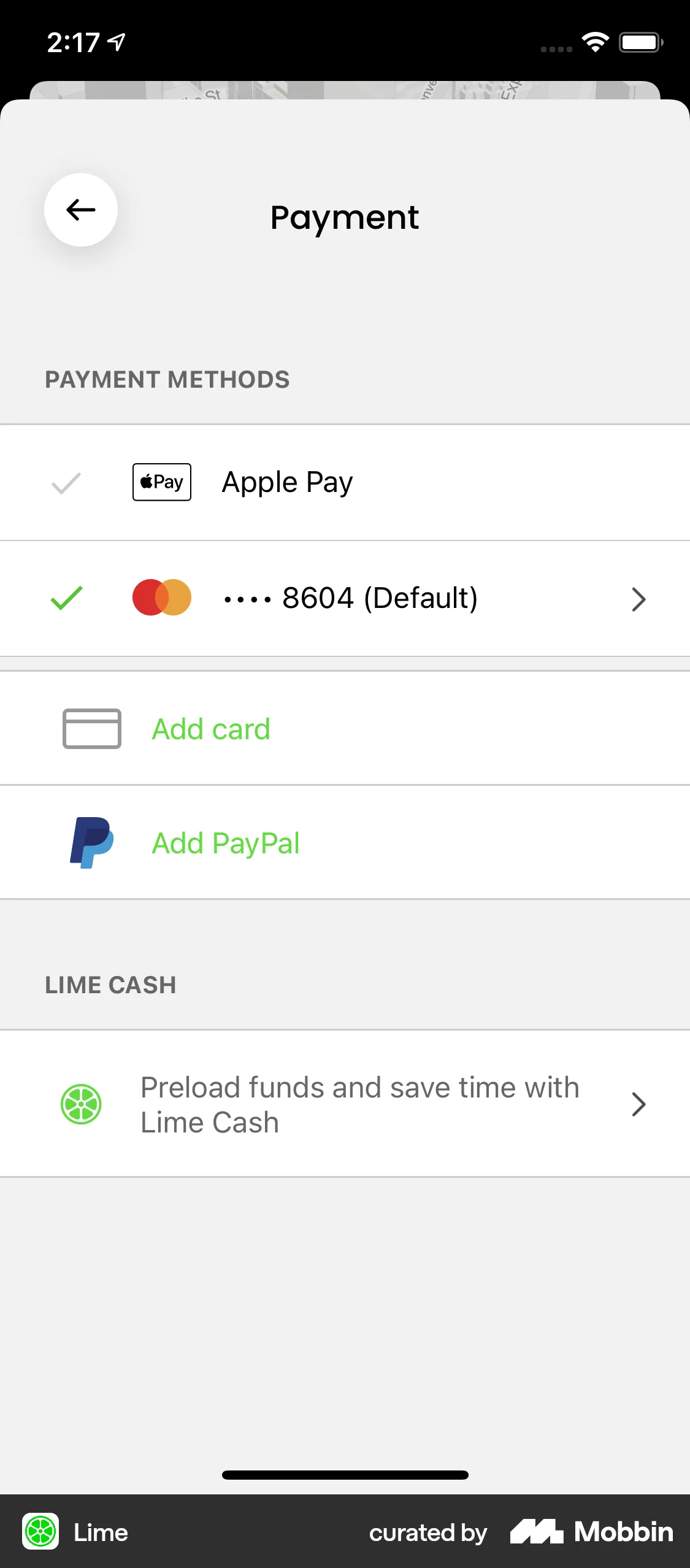 Lime iOS Payment Method screen