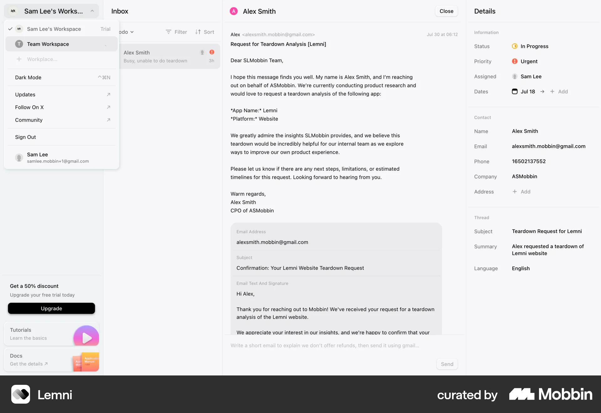 Lemni Web screen containing Popover UI element