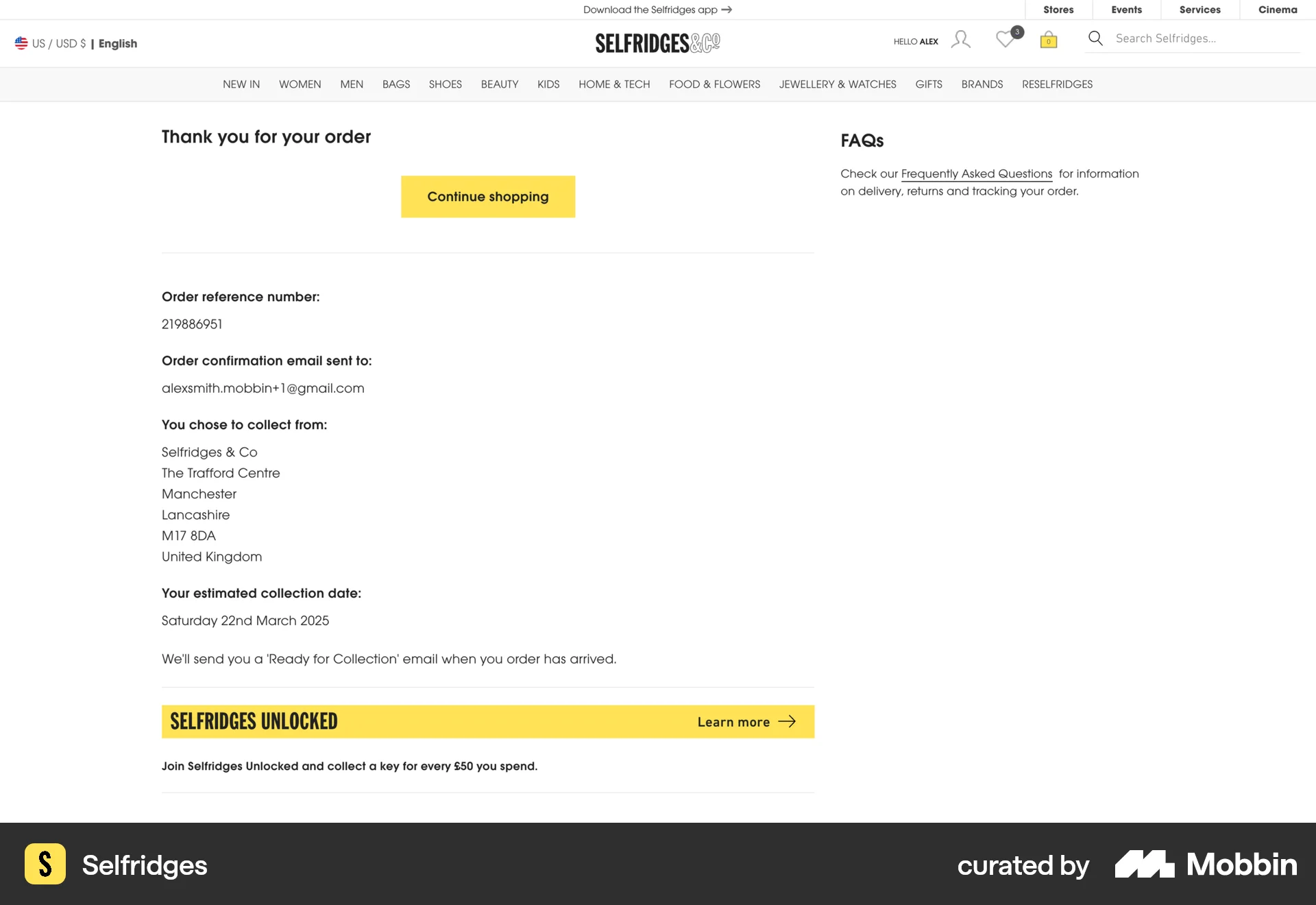 Selfridges Web Order Confirmation screen