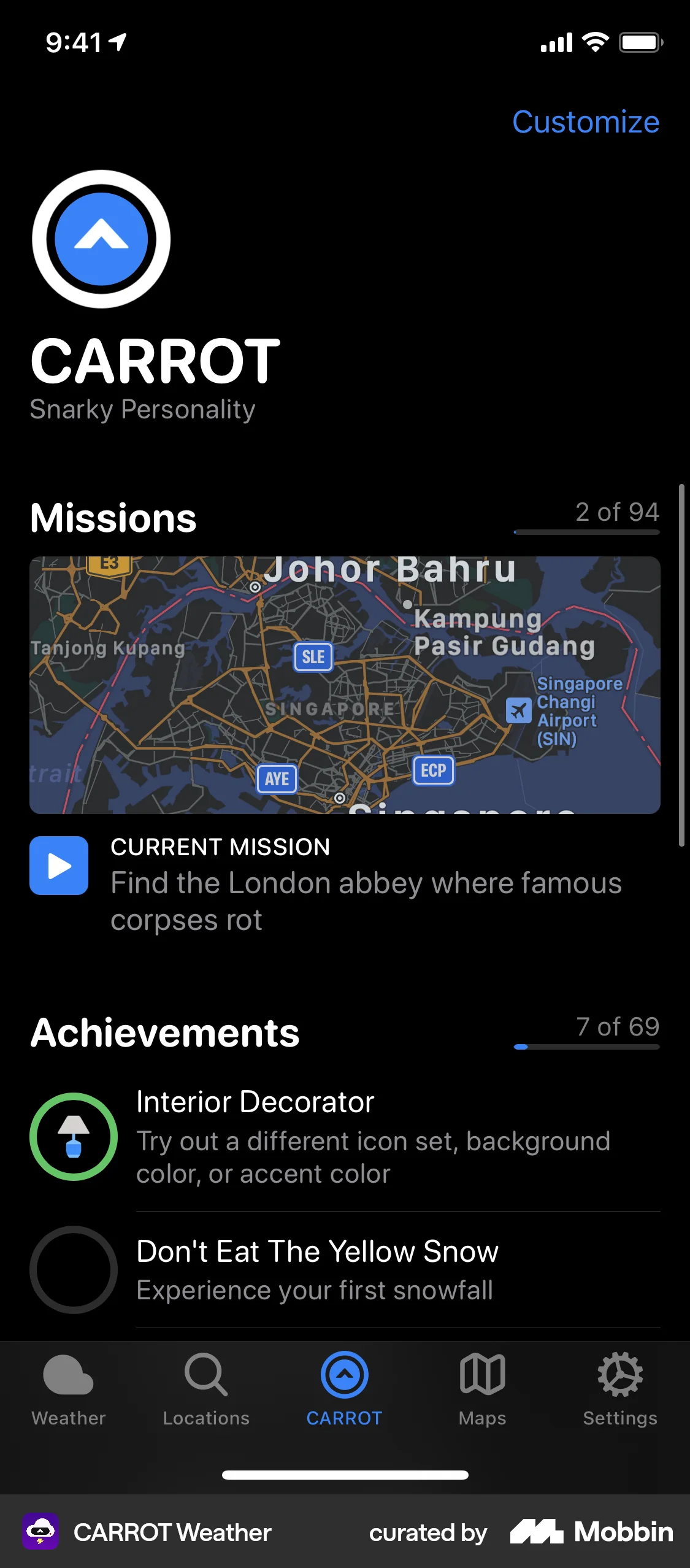 CARROT Weather iOS Dark Mode screen
