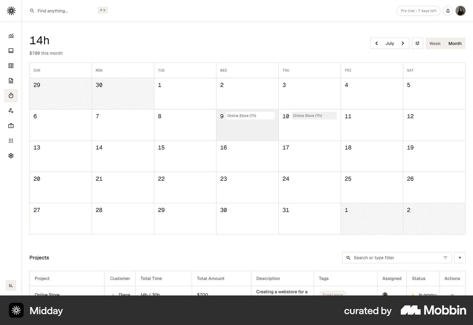Midday Tracking a project screen