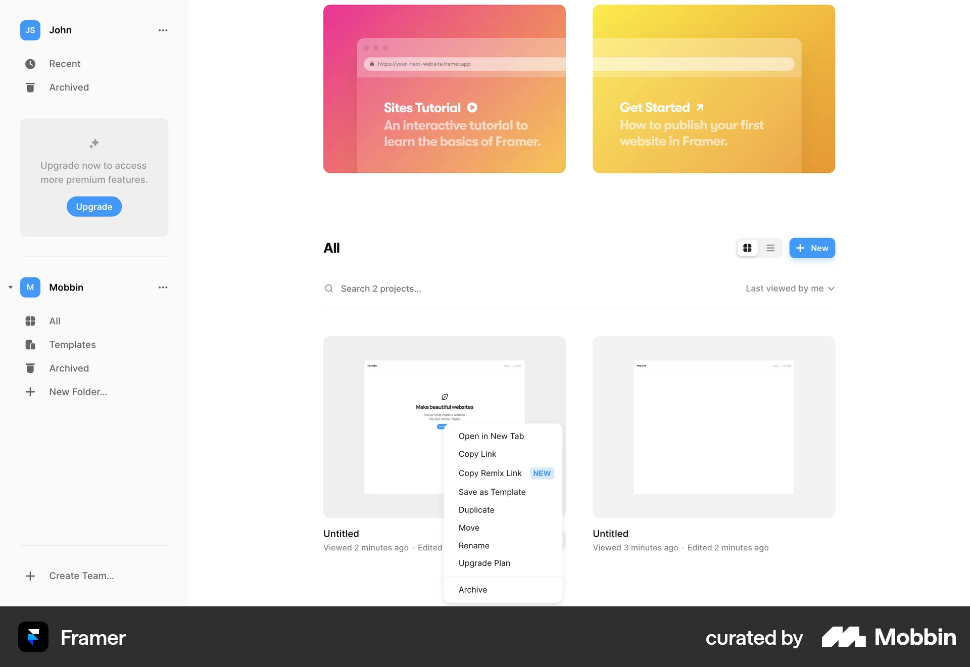 Framer Web screen containing Context Menu UI element
