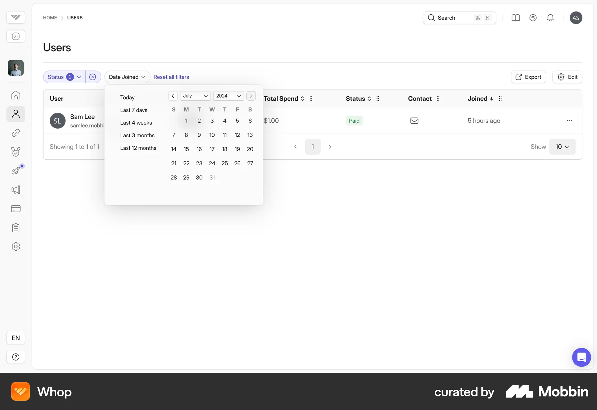 Whop Web Calendar screen