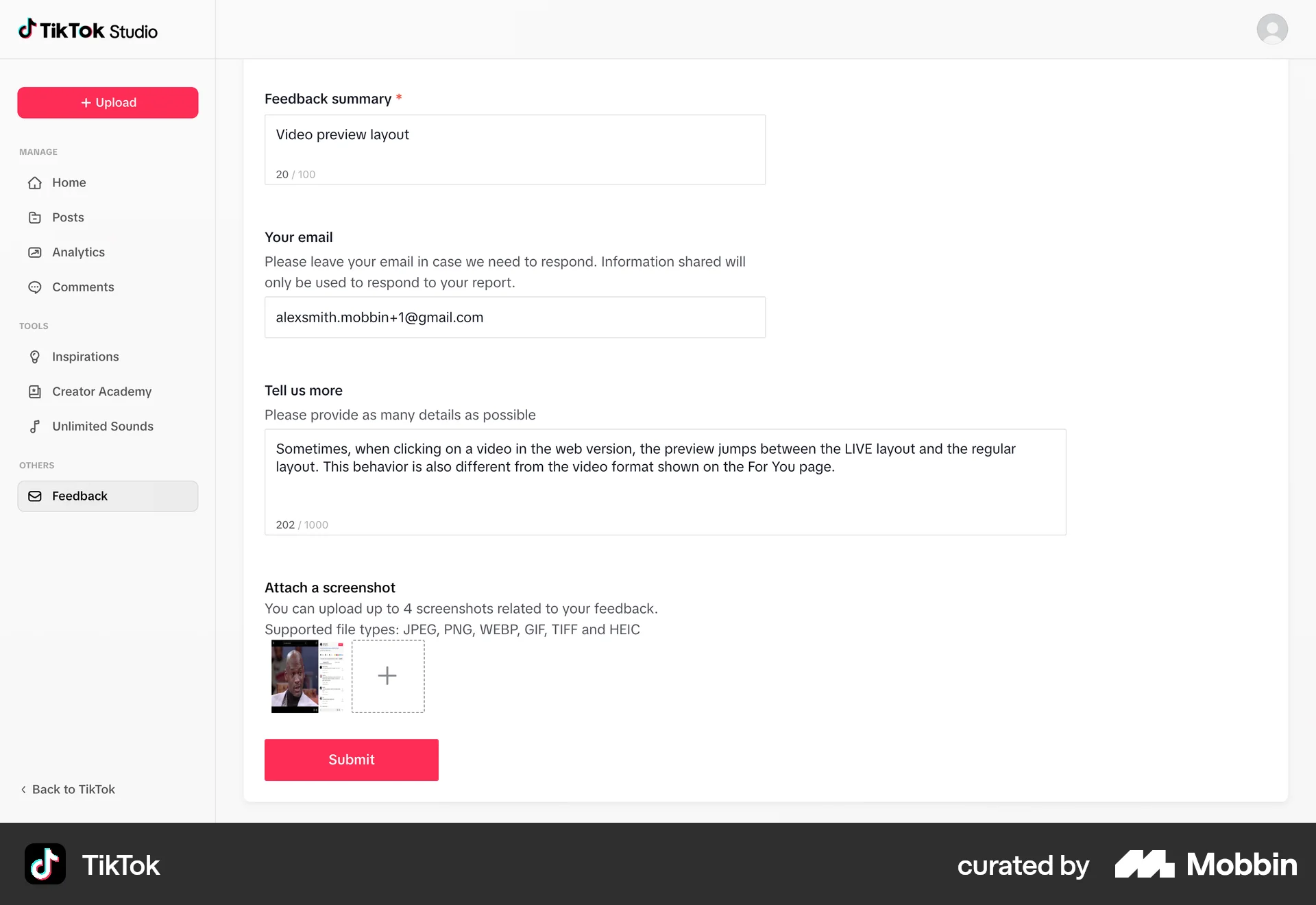TikTok Web Feedback screen