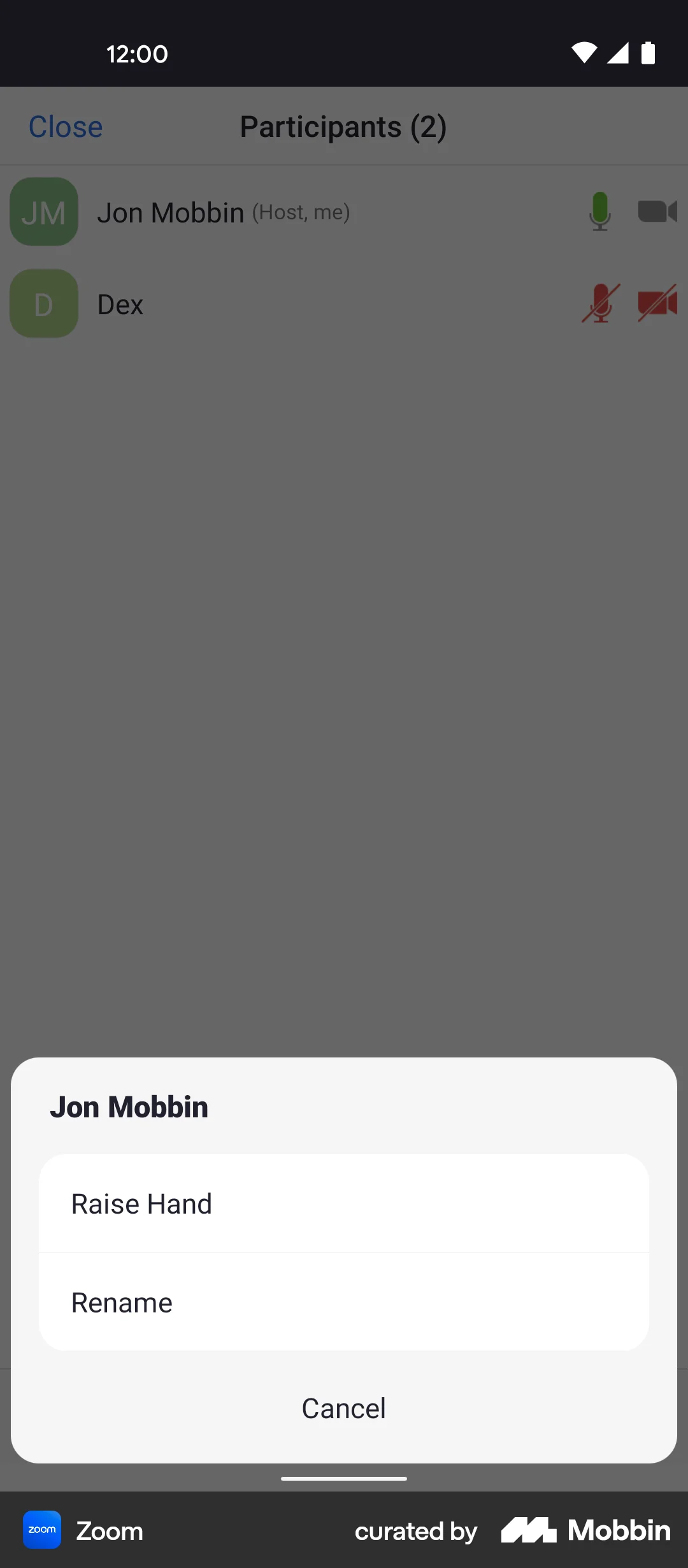 Zoom Android screen containing Action Sheet UI element