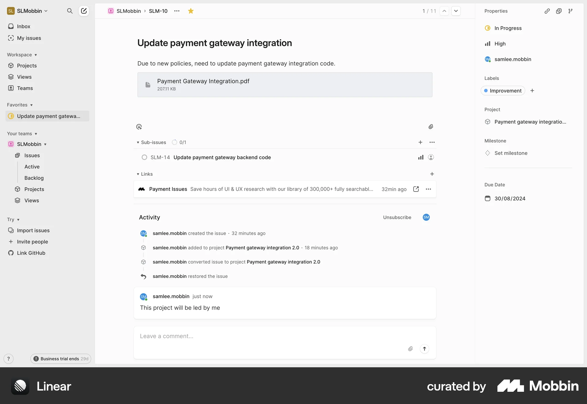 Linear Web screen containing Breadcrumbs UI element