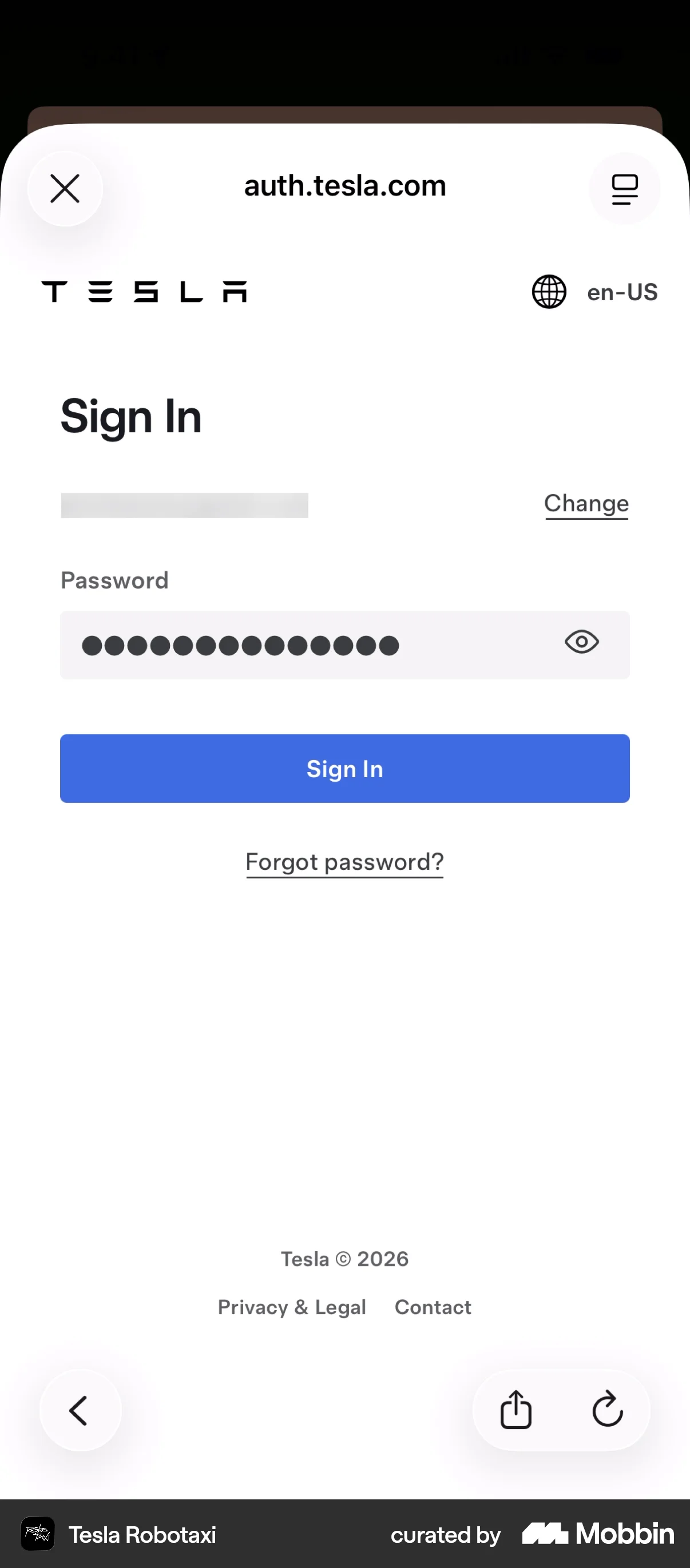 Tesla Robotaxi iOS Login screen