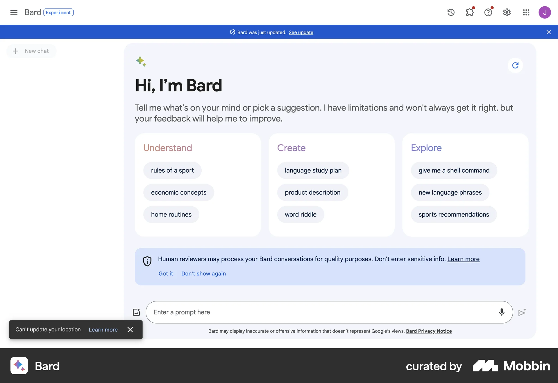 Bard Web screen containing Toast UI element