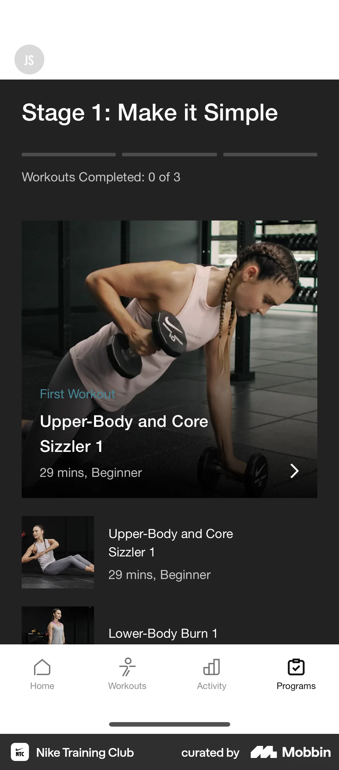 Nike Training Club iOS Class & Lesson Detail screen