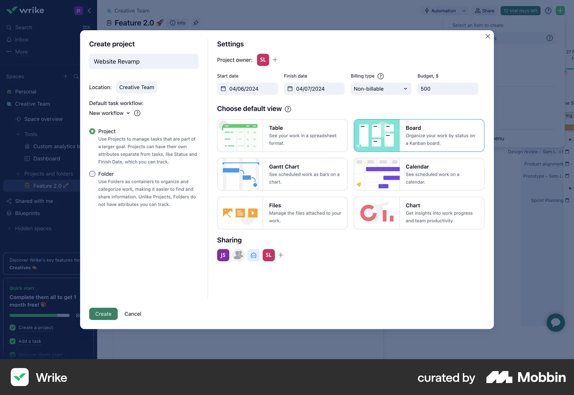 Wrike Web screen containing Radio Button UI element