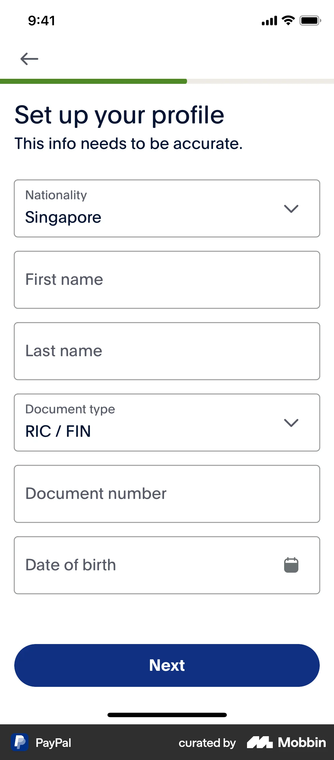 PayPal iOS screen containing Dropdown Menu UI element