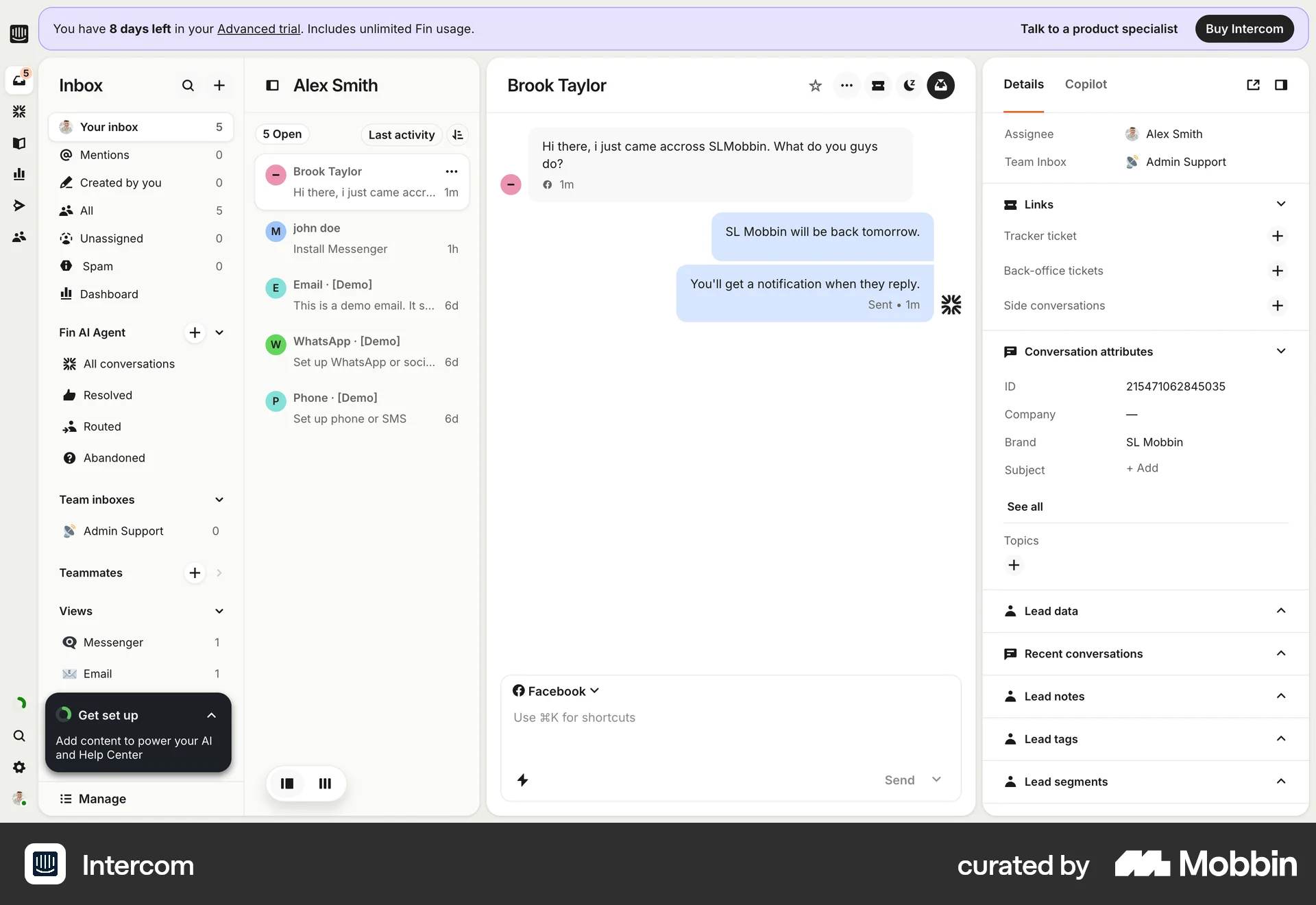 Intercom Web CRM App screen