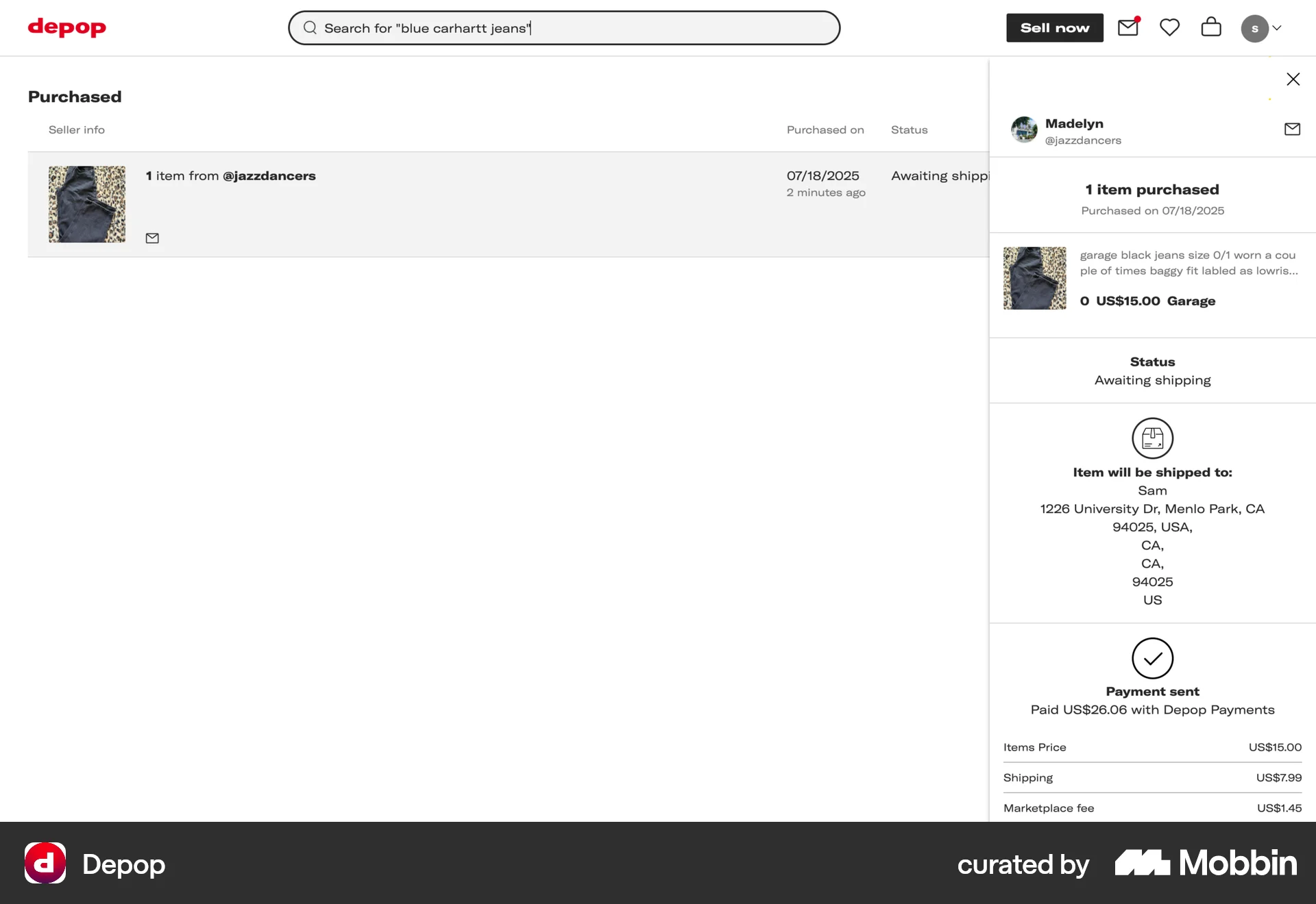 Depop Web screen containing Drawer UI element