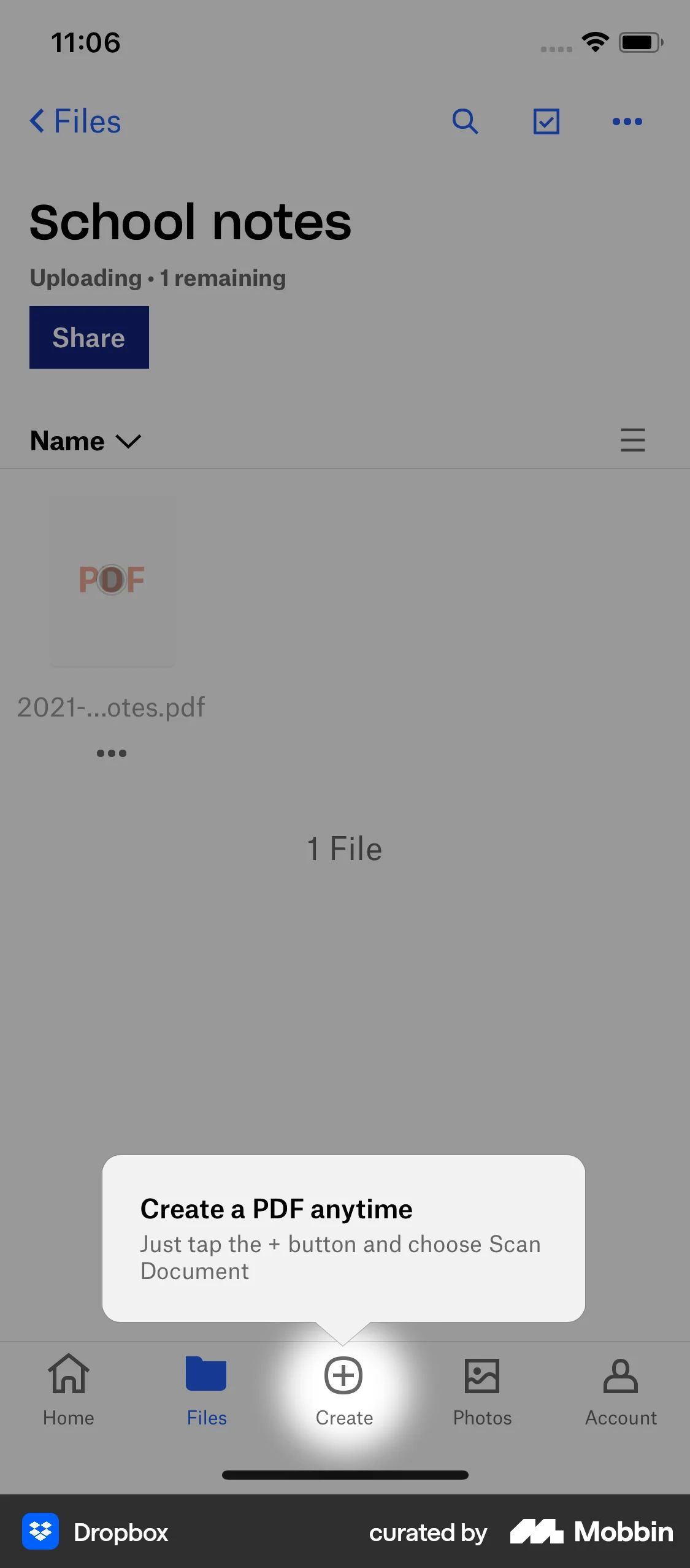 Dropbox iOS screen containing Coach Marks UI element