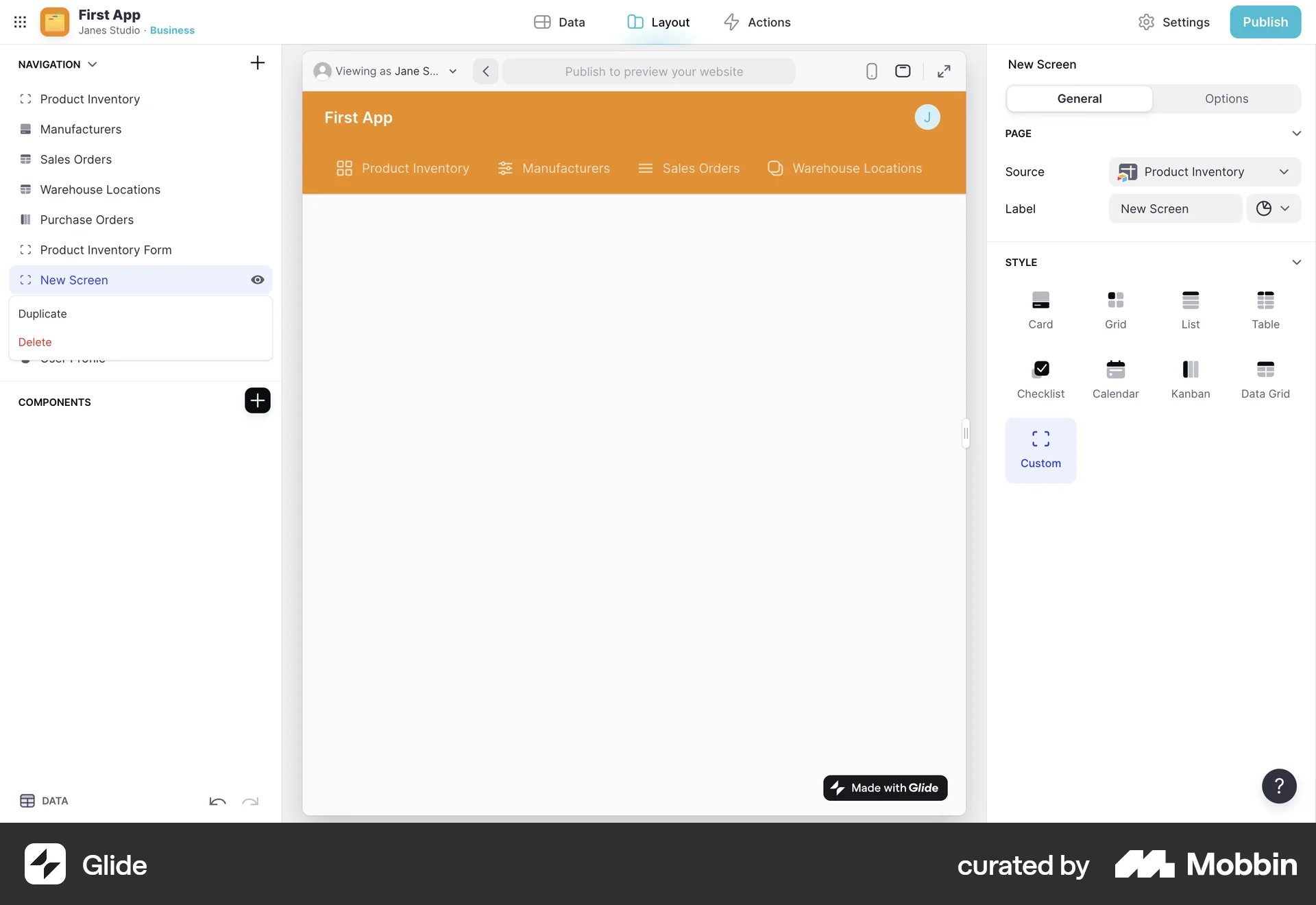 Glide Web screen containing Context Menu UI element