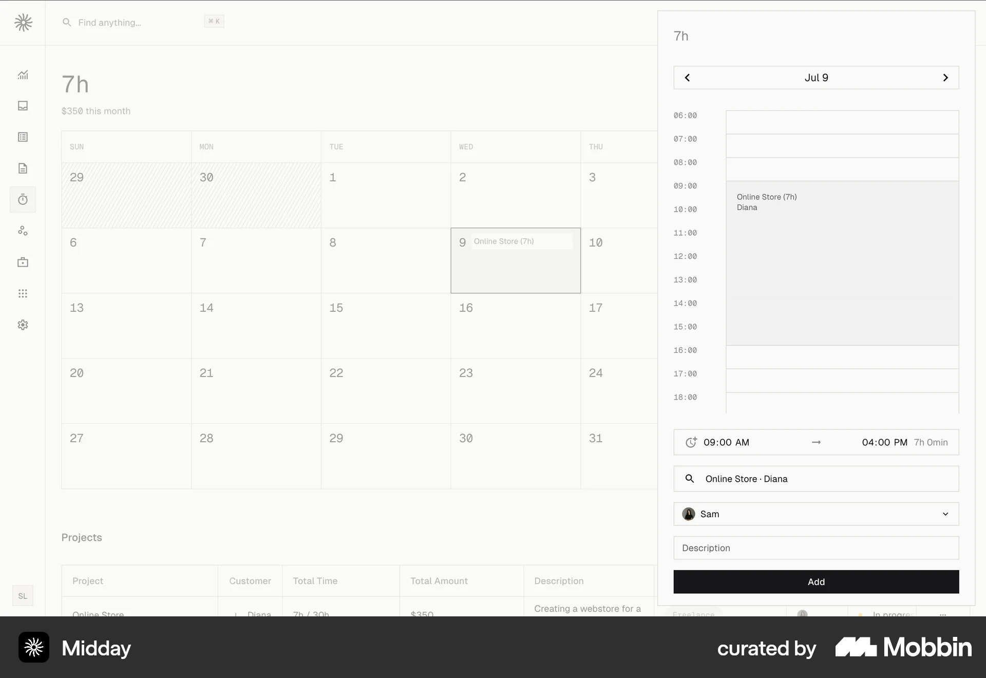 Midday Tracking a project screen